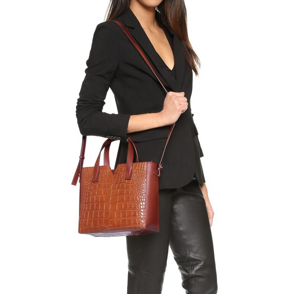 NWT Vince Signature V Croc Embossed Leather Tote Bag, Shoulder Strap